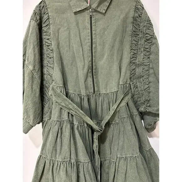 Free People Hampton Belted Mini Dress Crystal Kelp Cotton Size Medium NWOT Chic Mini